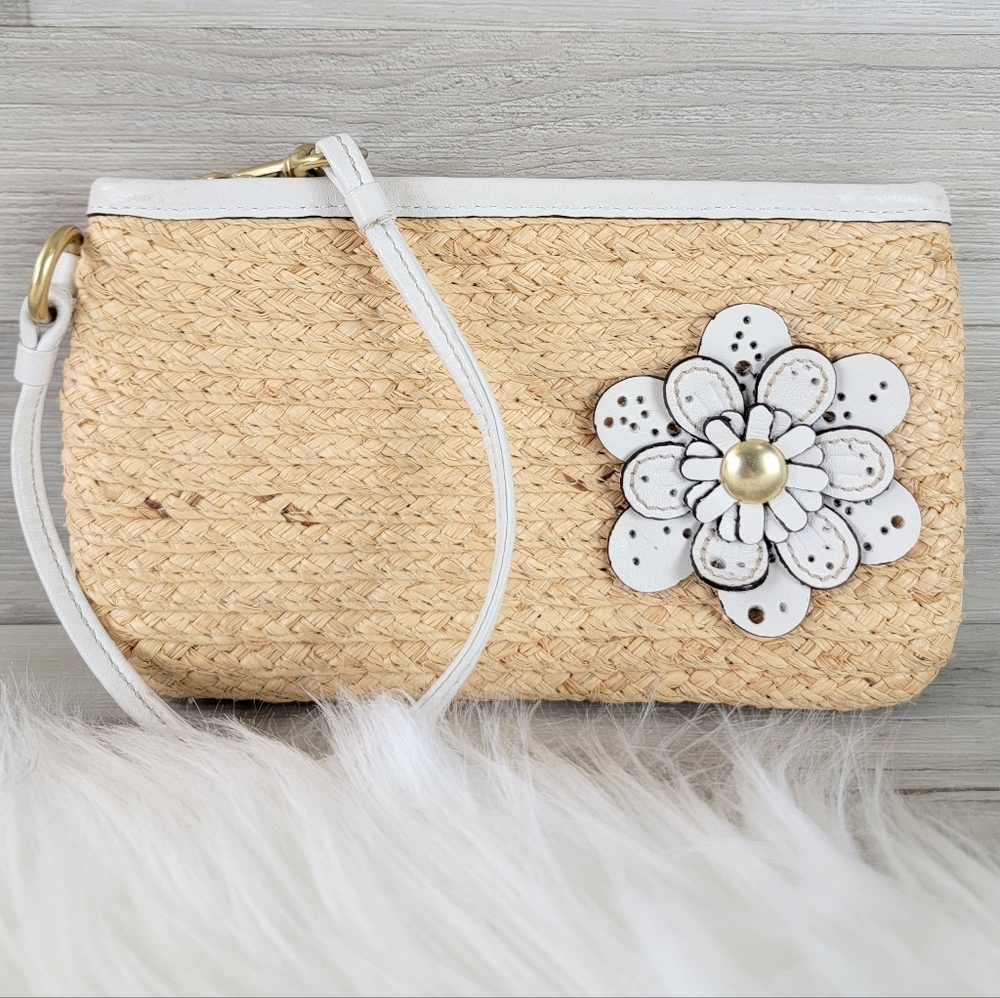 Straw Wristlet Clutch with White Floral Accent